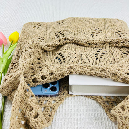 Solid Color Hollow Out Knit Shoulder Tote Bag