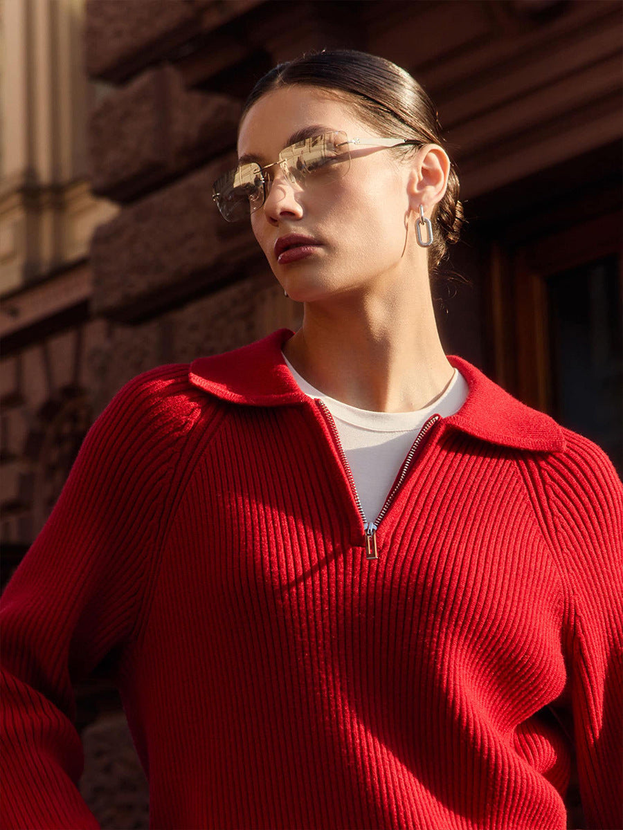 Solid Color Zipper Sweater Loose Knit Sweater