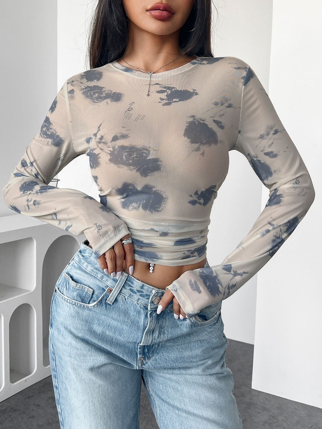 Flower Print Mesh Pleated Slim Short Top
