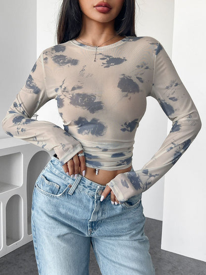 Flower Print Mesh Pleated Slim Short Top