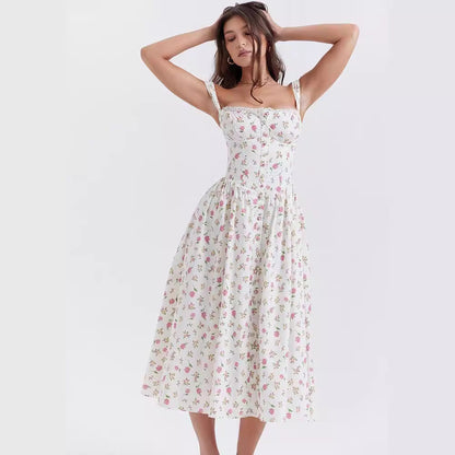 Flower Print Low Collar Spaghetti Midi Dress