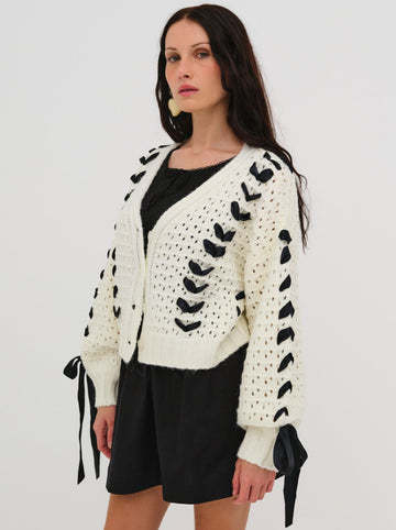 V-Neck String Tie Hollow Out Loose Cardigan