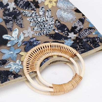 Elegant Sequin Embroidered Woven Tote Bag