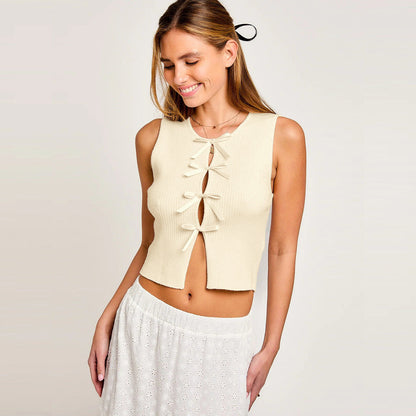 Crew Neck Hollow Out Bow Vest Top