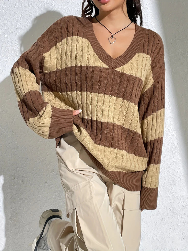 V-Neck Color Block Oversized Pullover Sweater