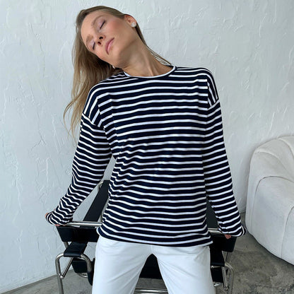 Striped Color Block Simple Loose T-Shirt