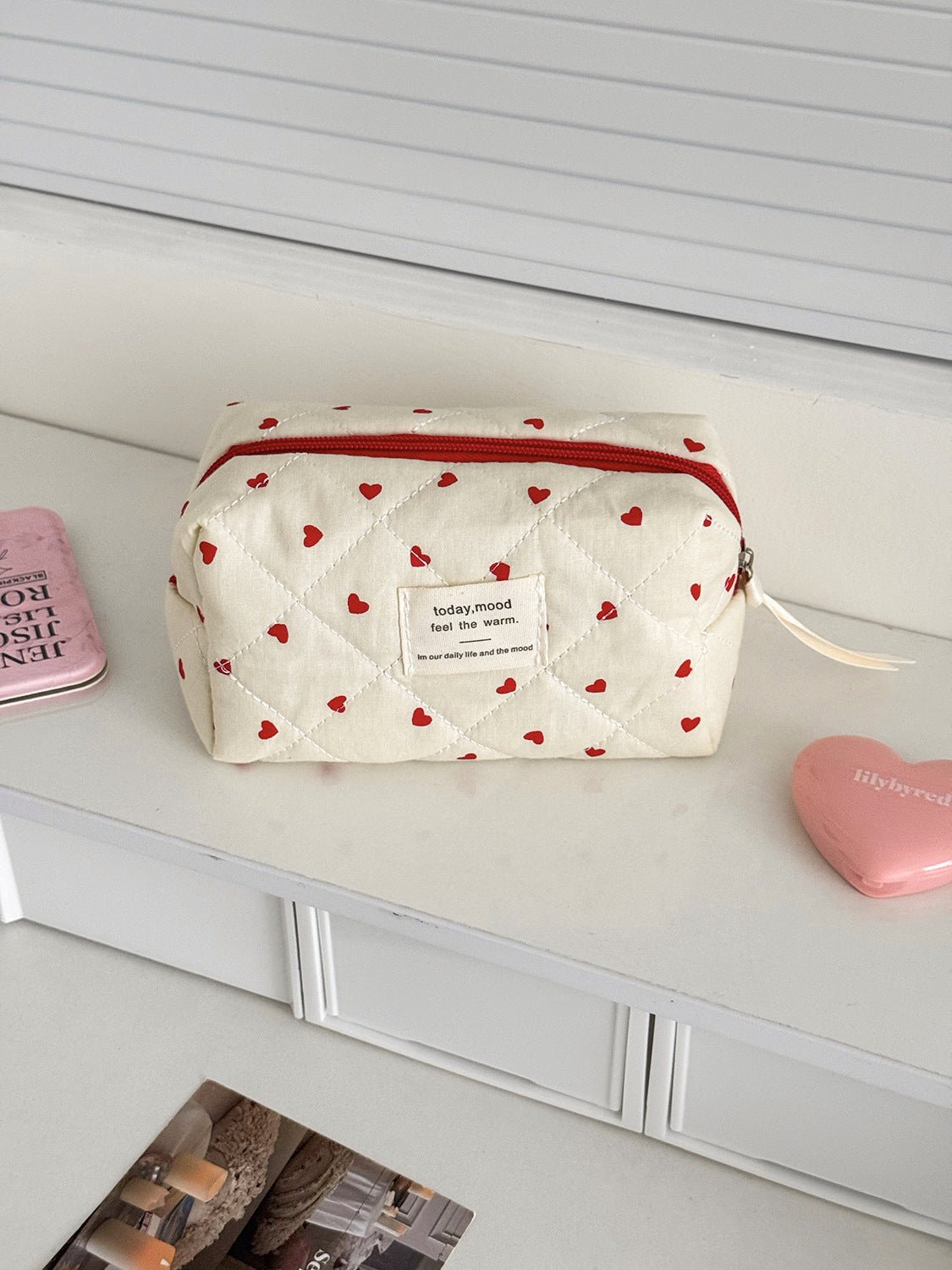 Red Heart Print Large Capacity Makeup Bag