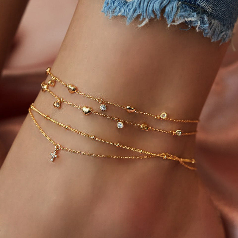 Layered Rhinestone Simple Pendant Anklets