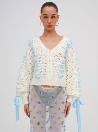 V-Neck String Tie Hollow Out Loose Cardigan