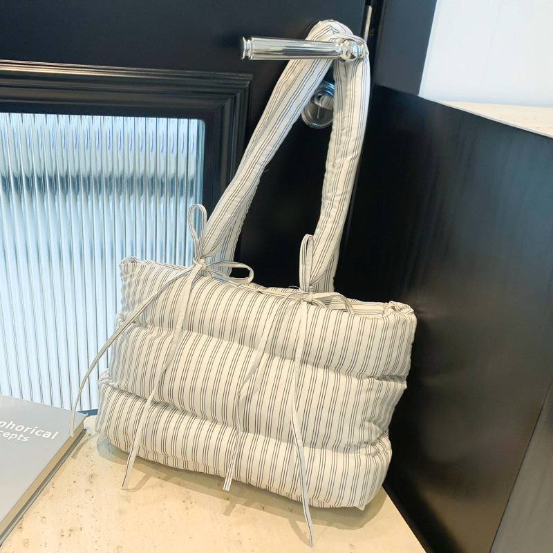 Striped Puffer Bow Knot Shoulder Handbag