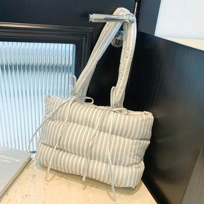 Striped Puffer Bow Knot Shoulder Handbag