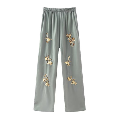 Sequin Embroidered Casual Shirt Pants Set