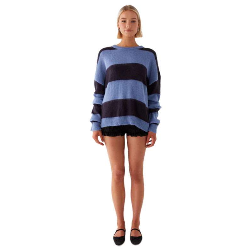 Round Neck Color Block Striped Cozy Sweater
