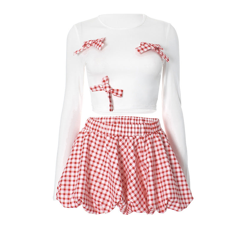 Cute Bow Top Plaid Puffy MIni Skirt Set