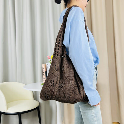 Solid Color Hollow Out Knit Shoulder Tote Bag