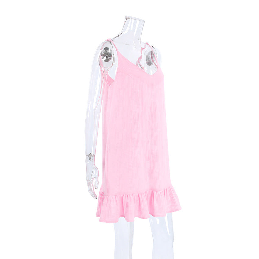 Solid Color Low Collar Sleepwear Dress