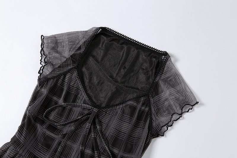 Trendy Square Neck Slim Plaid Mini Dress