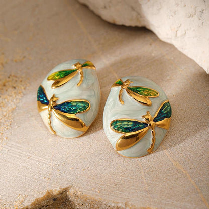 Asymmetrical Oval Enamel Dragonfly Stud Earring
