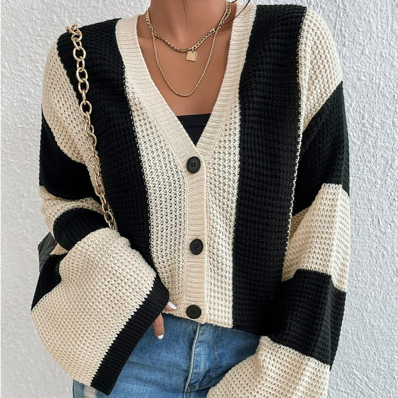 Striped Color Block Flare Sleeves Knit Cardigan