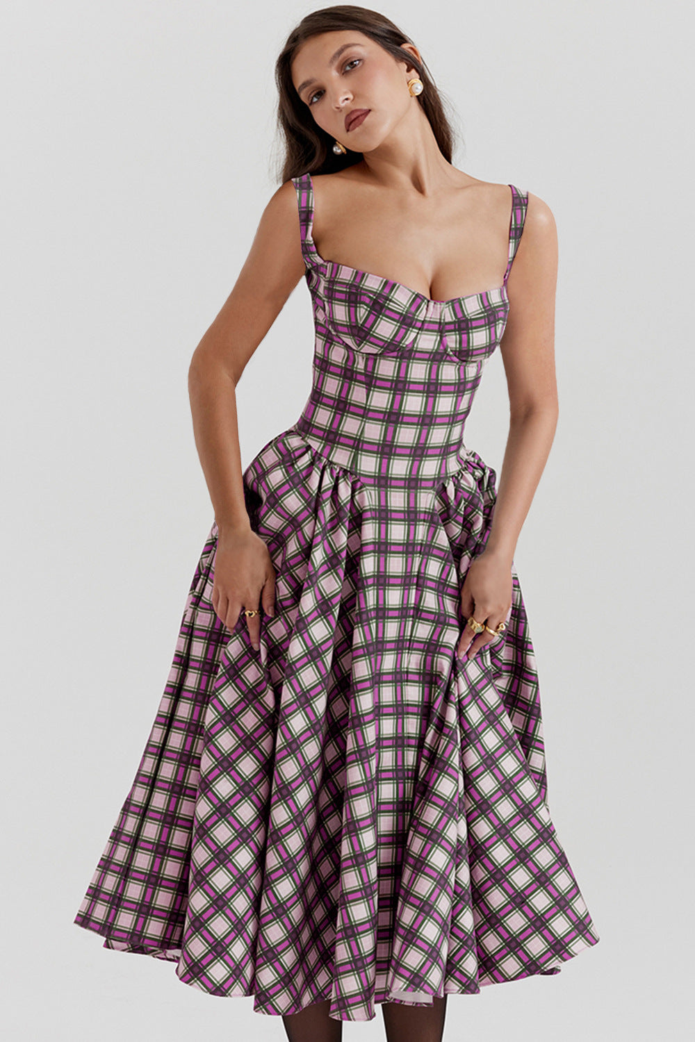 Vintage Plaid Pleated Spaghetti Dress