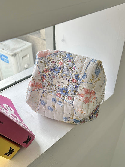 Floral Print Plaid Portable Cosmetic Bag