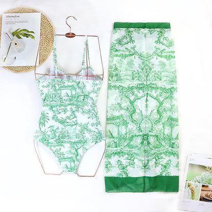Vintage Print Slim Fit Swimwear with Cover Dress