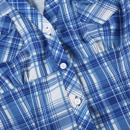 Vintage Plaid V-Neck Short Sleeve Shirt