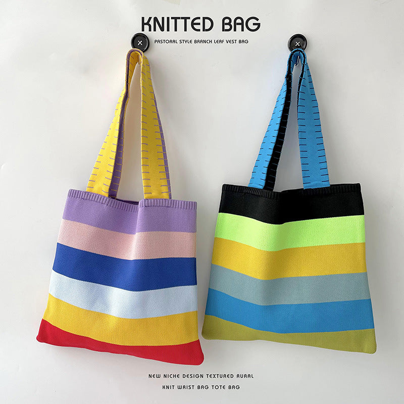 Rainbow Splice Color Block Knit Tote Bag