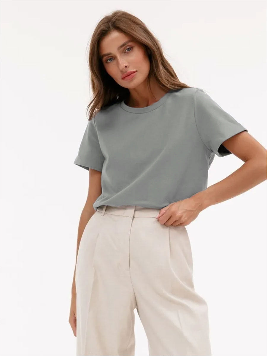 Solid Color Round Neck Loose Short Sleeves Top