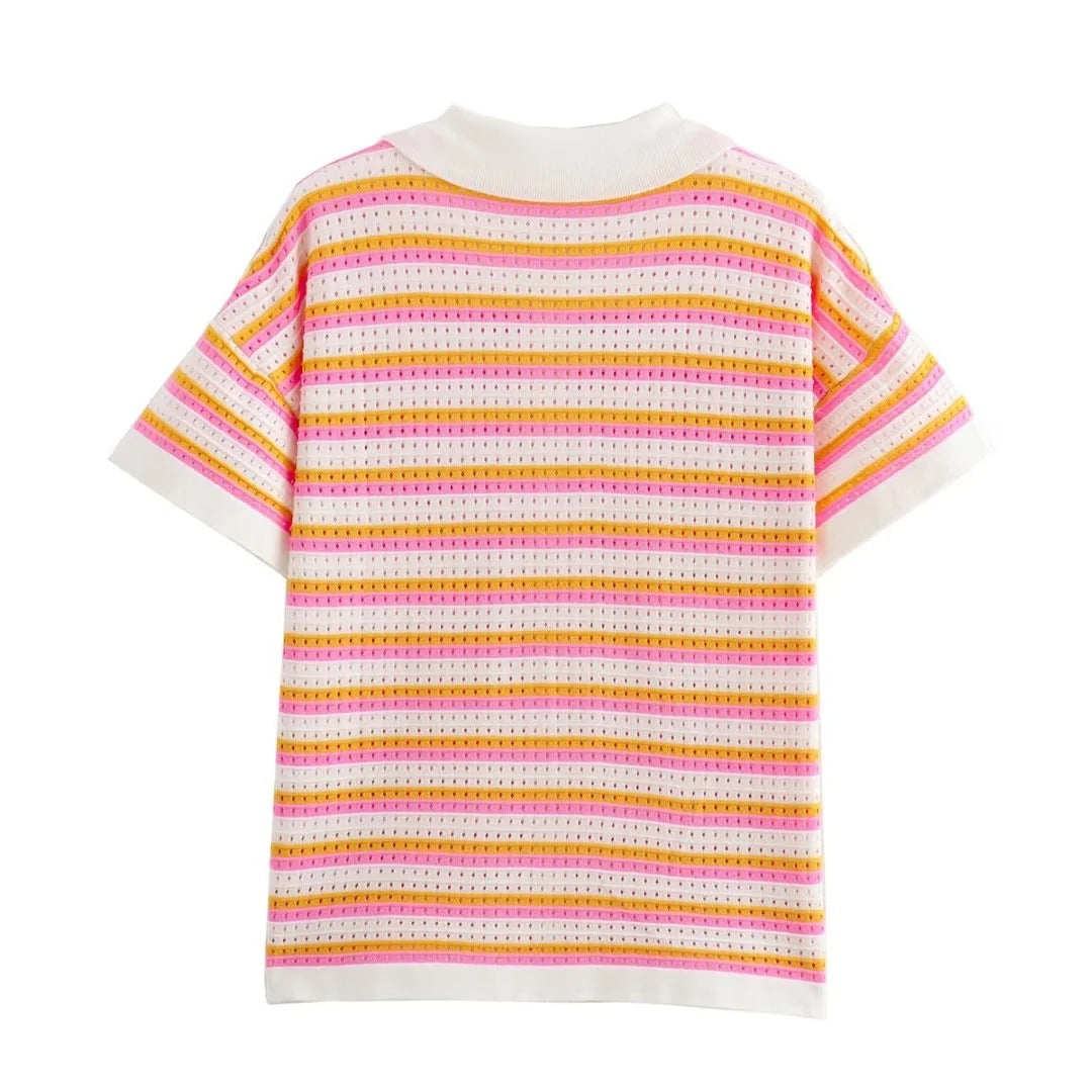 Striped Color Block Lapel Knit Sets