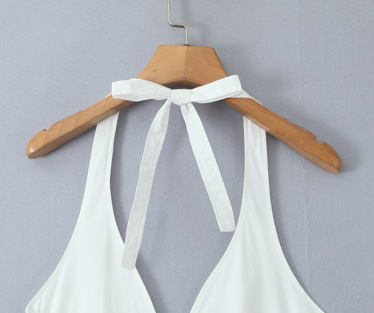 Solid Color Halter V-Neck Ruffle Maxi Dress