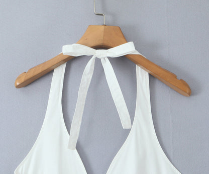 Solid Color Halter V-Neck Ruffle Maxi Dress