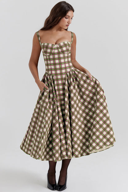 Vintage Plaid Pleated Spaghetti Dress