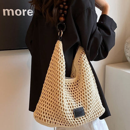 Beach Hollow Out Knit Woven Shoulder Tote Bag