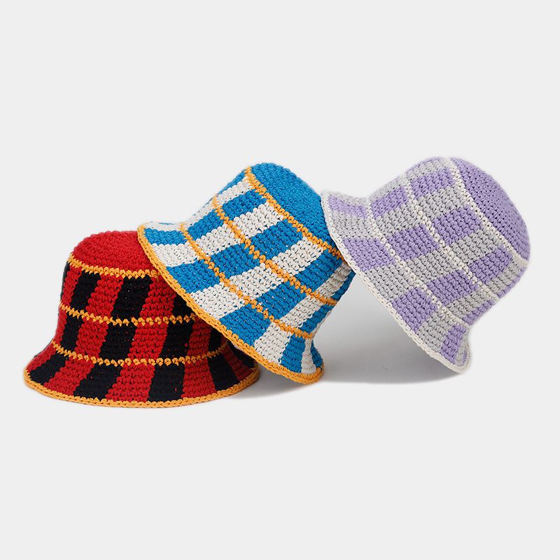 Contrast Color Plaid Casual Crochet Bucket Hat