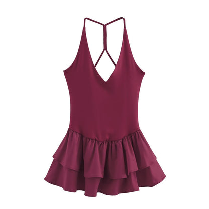 Trendy Solid Color Ruffle Hem Halter Dress