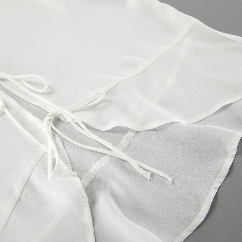 Elegant Solid Color Tie-Front Drawstring Chiffon Top