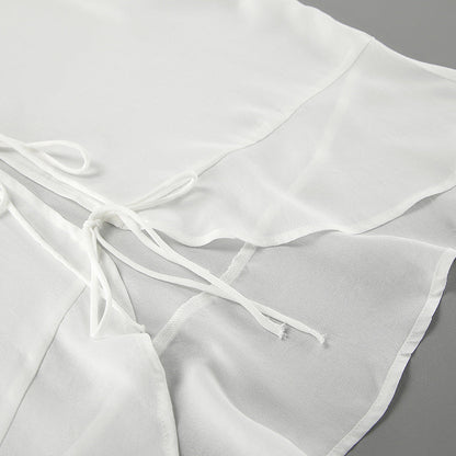 Elegant Solid Color Tie-Front Drawstring Chiffon Top