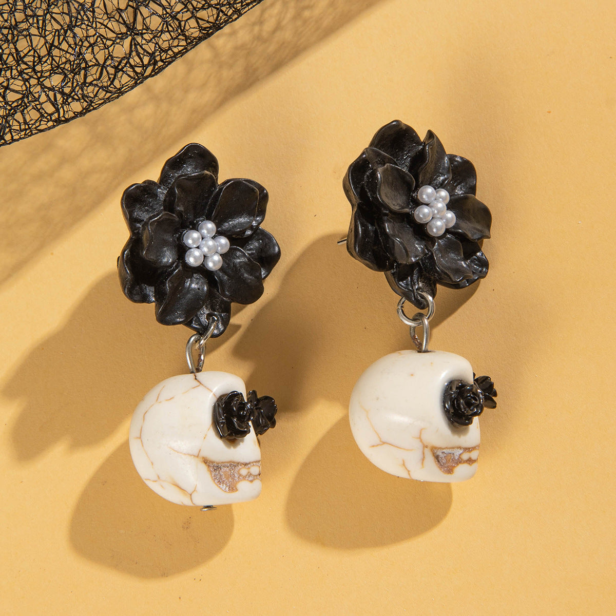 Gothic Black Camellia Skull Stud Earrings