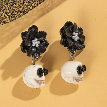 Gothic Black Camellia Skull Stud Earrings