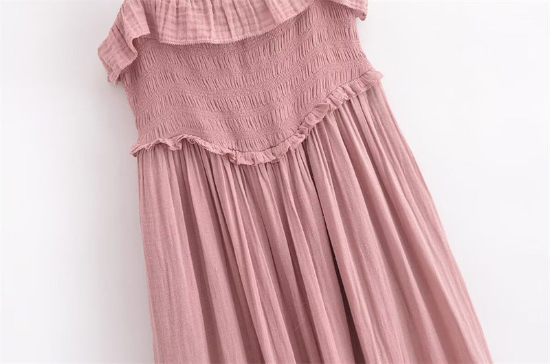 Casual Pleated Spaghetti Strap Ruffle Maxi Dress