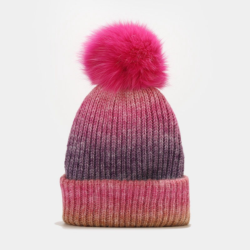 Gradient Contrast Color Cute Knit Pom Beanie