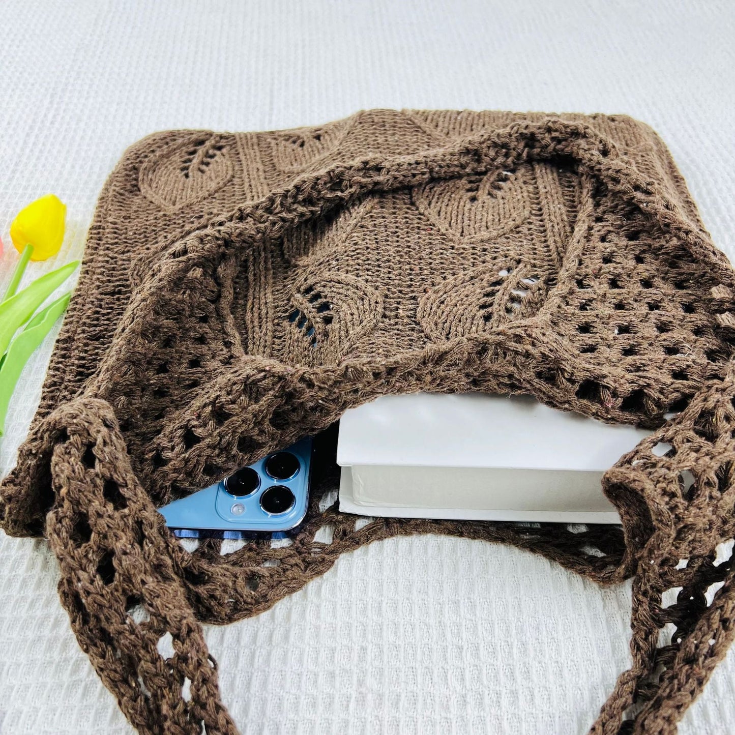 Solid Color Hollow Out Knit Shoulder Tote Bag