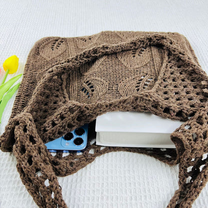 Solid Color Hollow Out Knit Shoulder Tote Bag