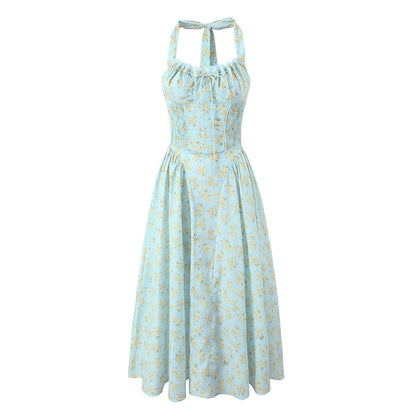 Vintage Floral Halter V-Neck Maxi Dress