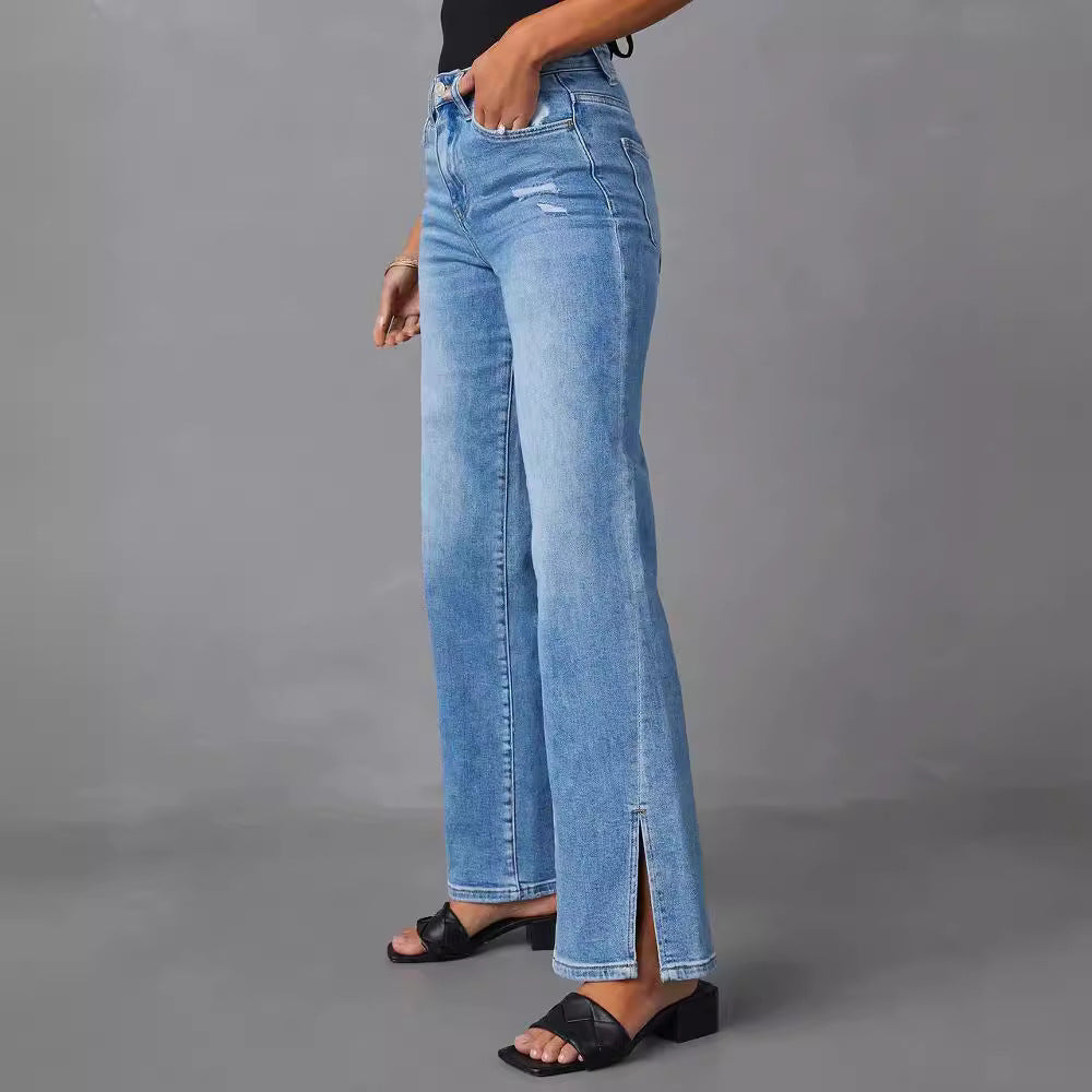 Straight Leg Denim Jeans High Waist Split Jeans