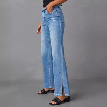 Straight Leg Denim Jeans High Waist Split Jeans
