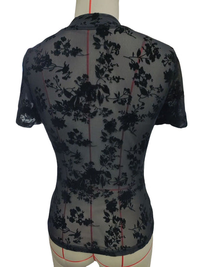 Print Short Sleeves Mesh Slim Top
