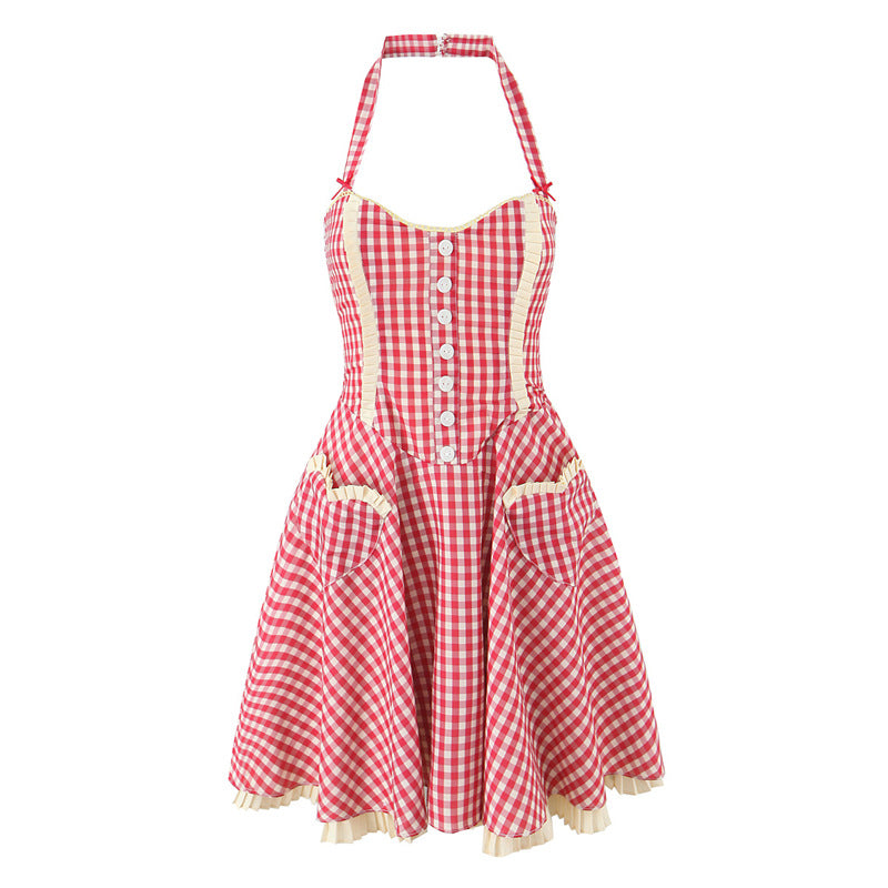 Sweet Halter Sleeveless Plaid Midi Dress