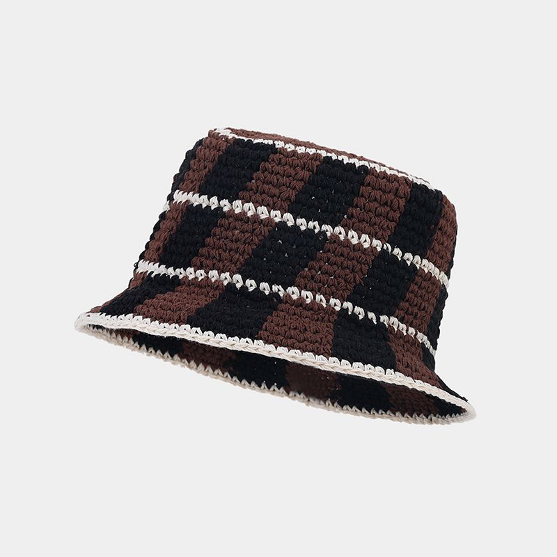 Contrast Color Plaid Casual Crochet Bucket Hat